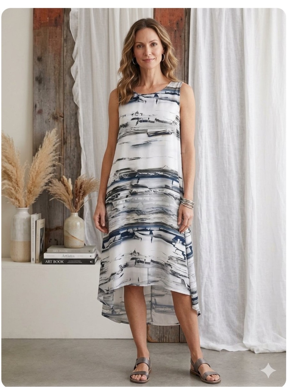 Bryn Walker Sleeveless White and Navy Abstract Marble-Print Hi Low Midi Dress XS